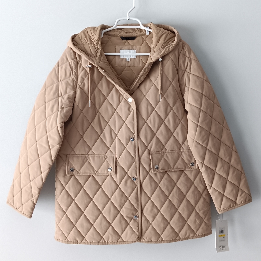 New DKNY Jacket Water Resistant Diamond Quilted Hood Lined Tan Beige Medium